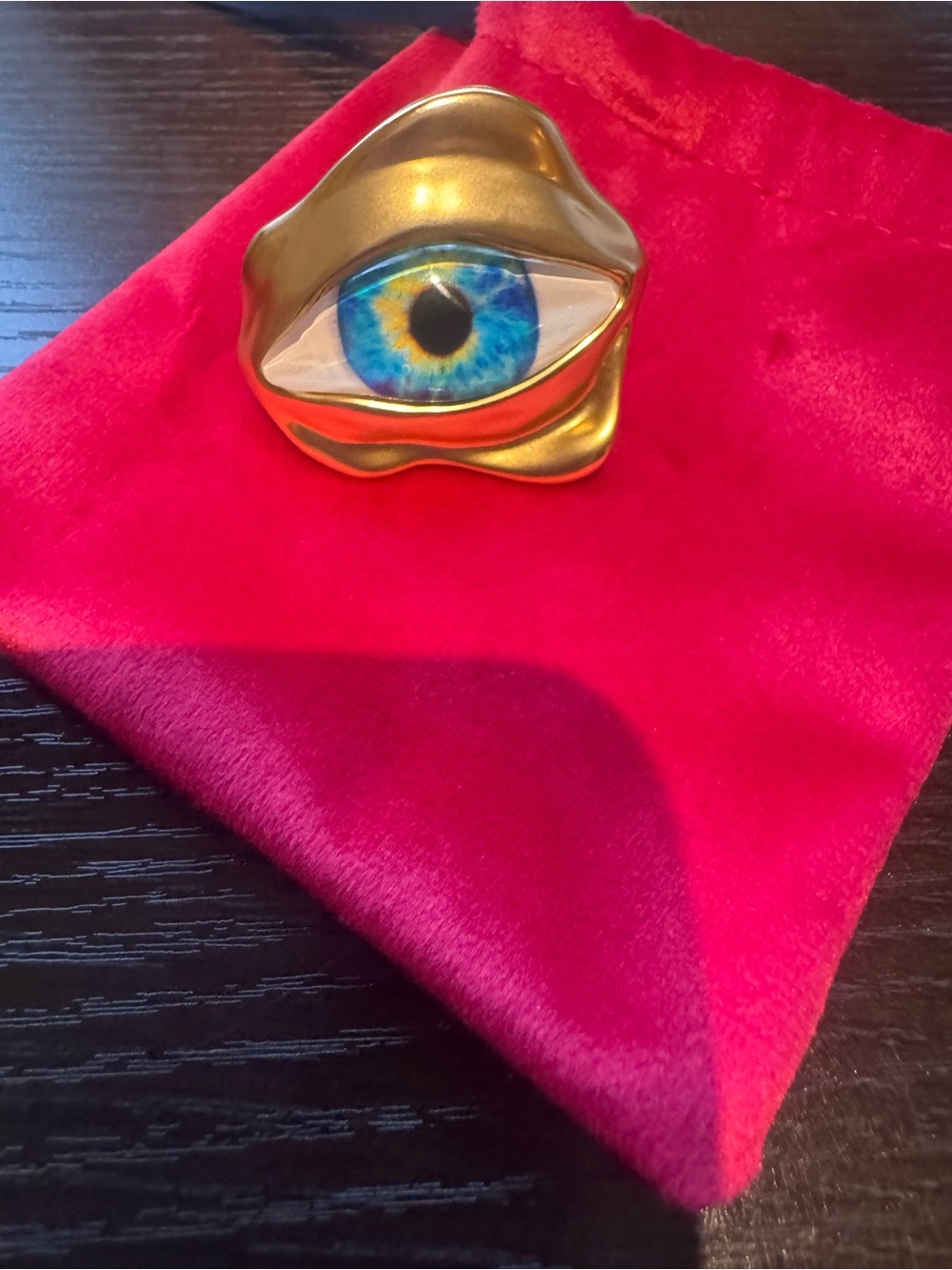 Schiaparelli gold tone Eye Statement Ring with Blue Center adjustable - Picture 9 of 12
